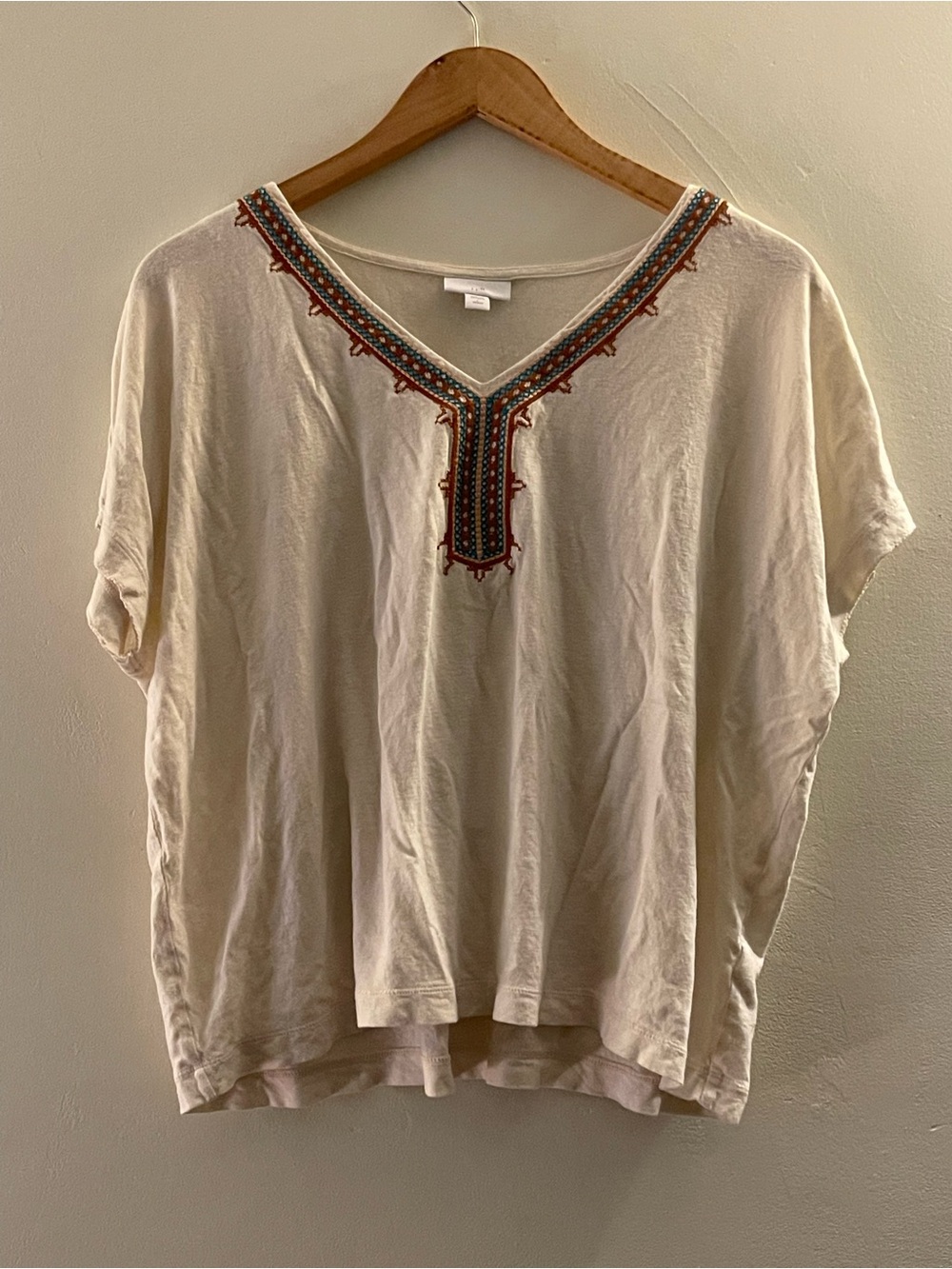 J. Jill Cream Tunic with Multicolor Embroidered V-Neck